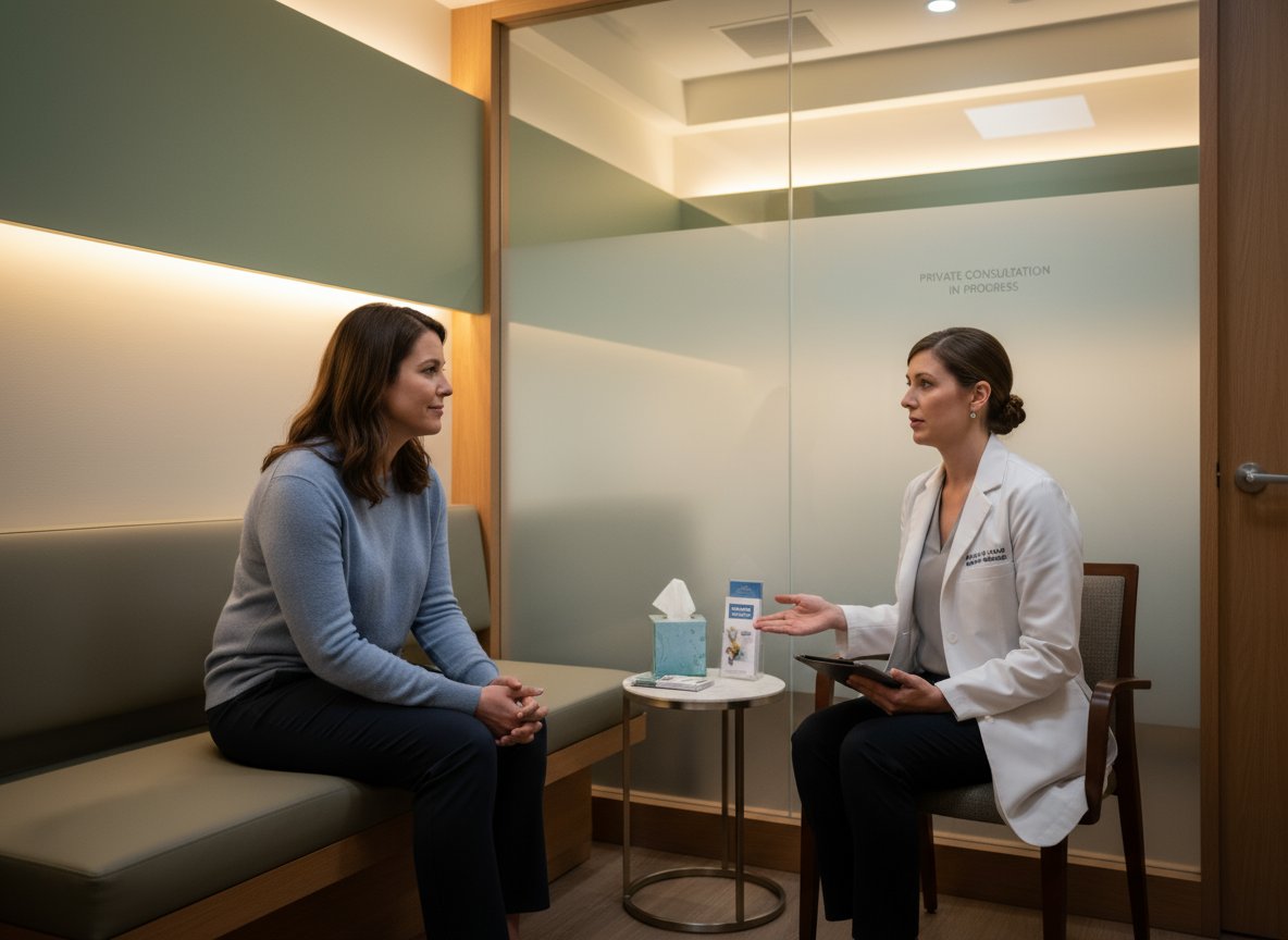Patient consulting privately with a clinician in a confidential STD testing room.