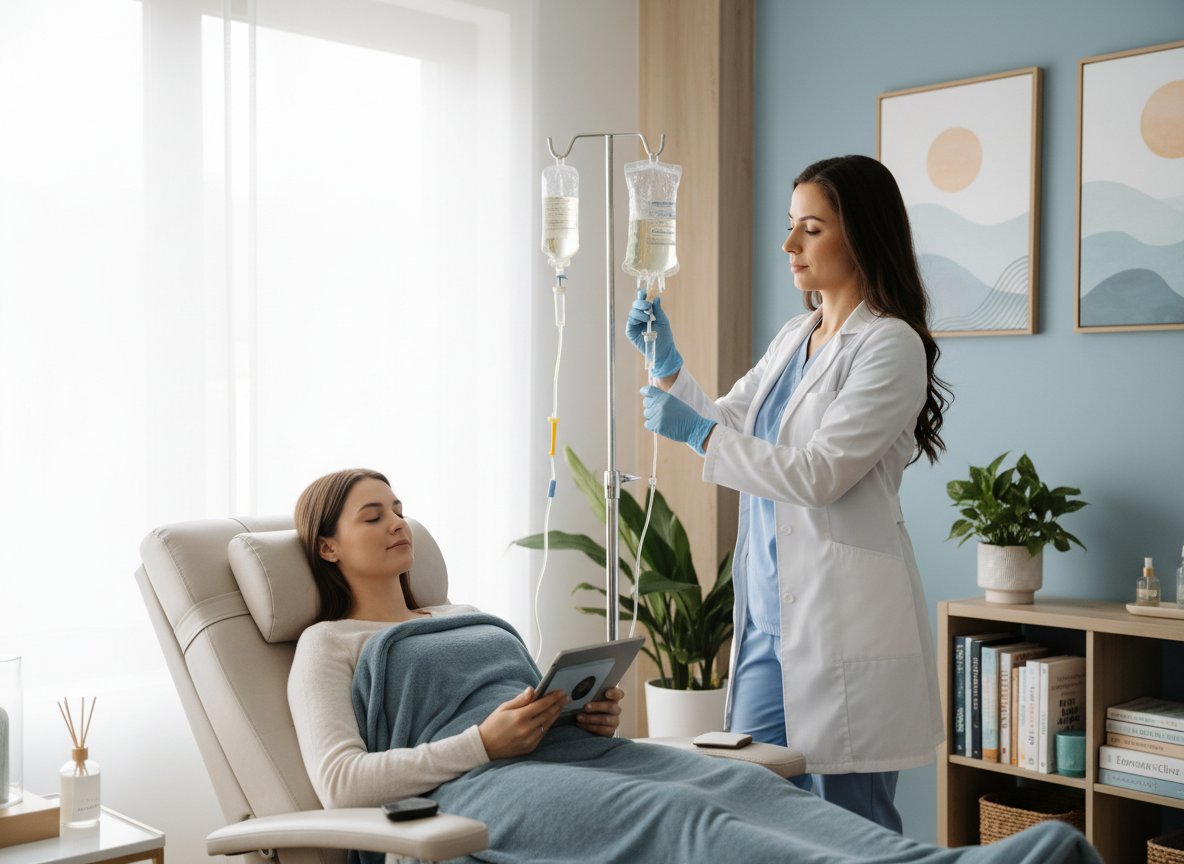 Nurse providing IV hydration therapy to a patient in a modern wellness treatment room.