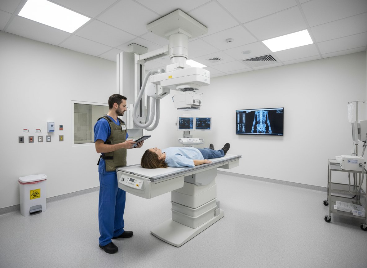 X-ray technician preparing a patient for diagnostic imaging in a modern urgent care clinic.